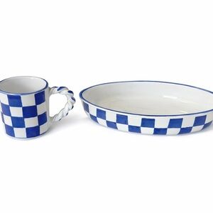 Checkered Blue and White Mug and bowl Set